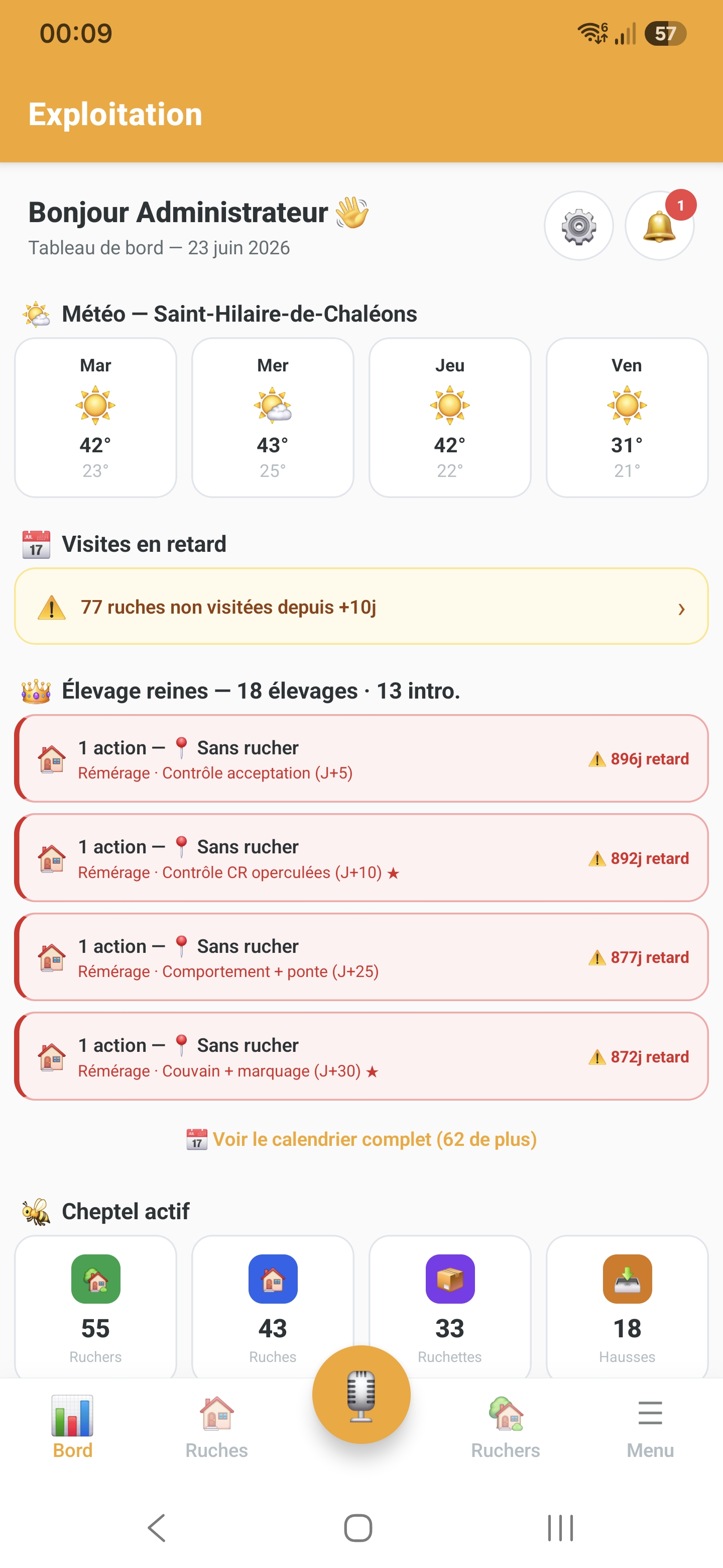 Tableau de bord Api'Track avec score de santé des ruches