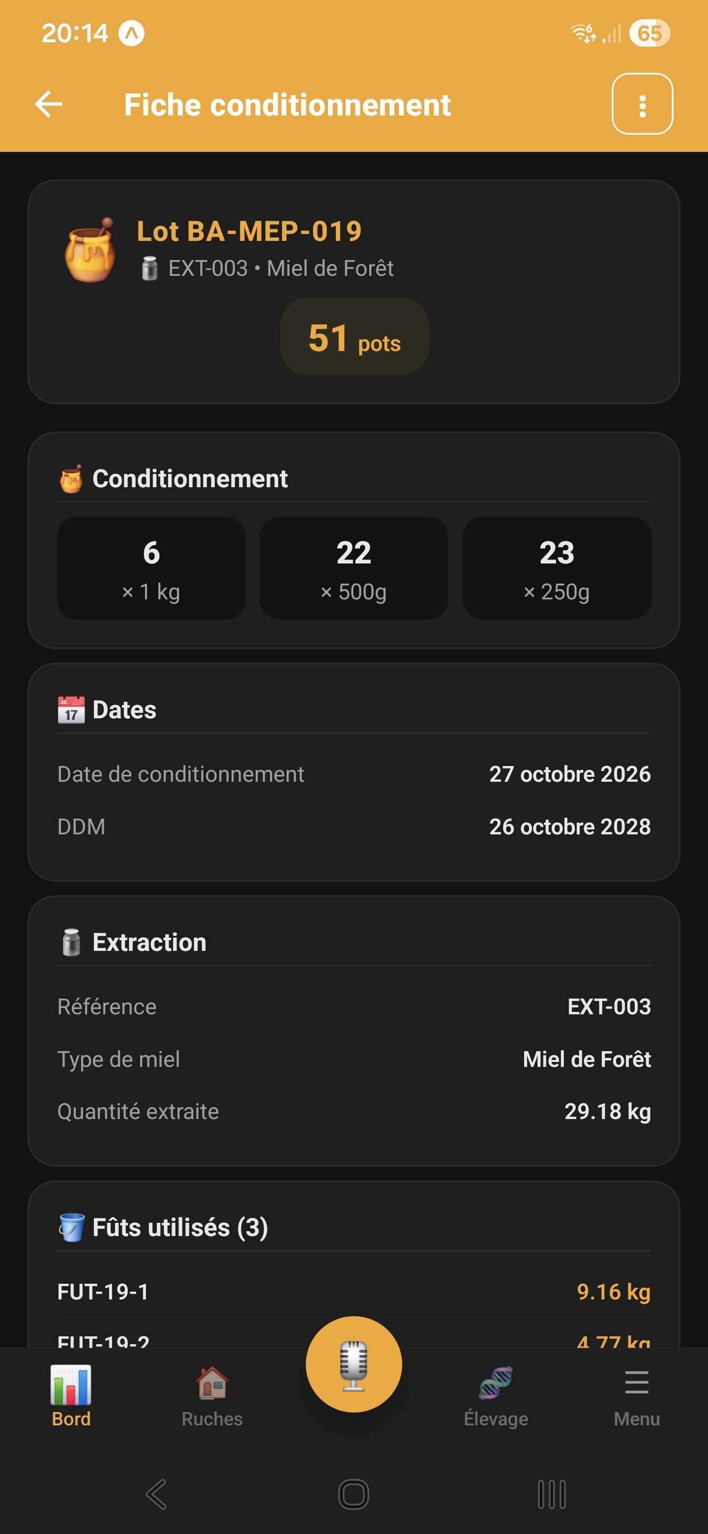Fiche conditionnement en mode sombre