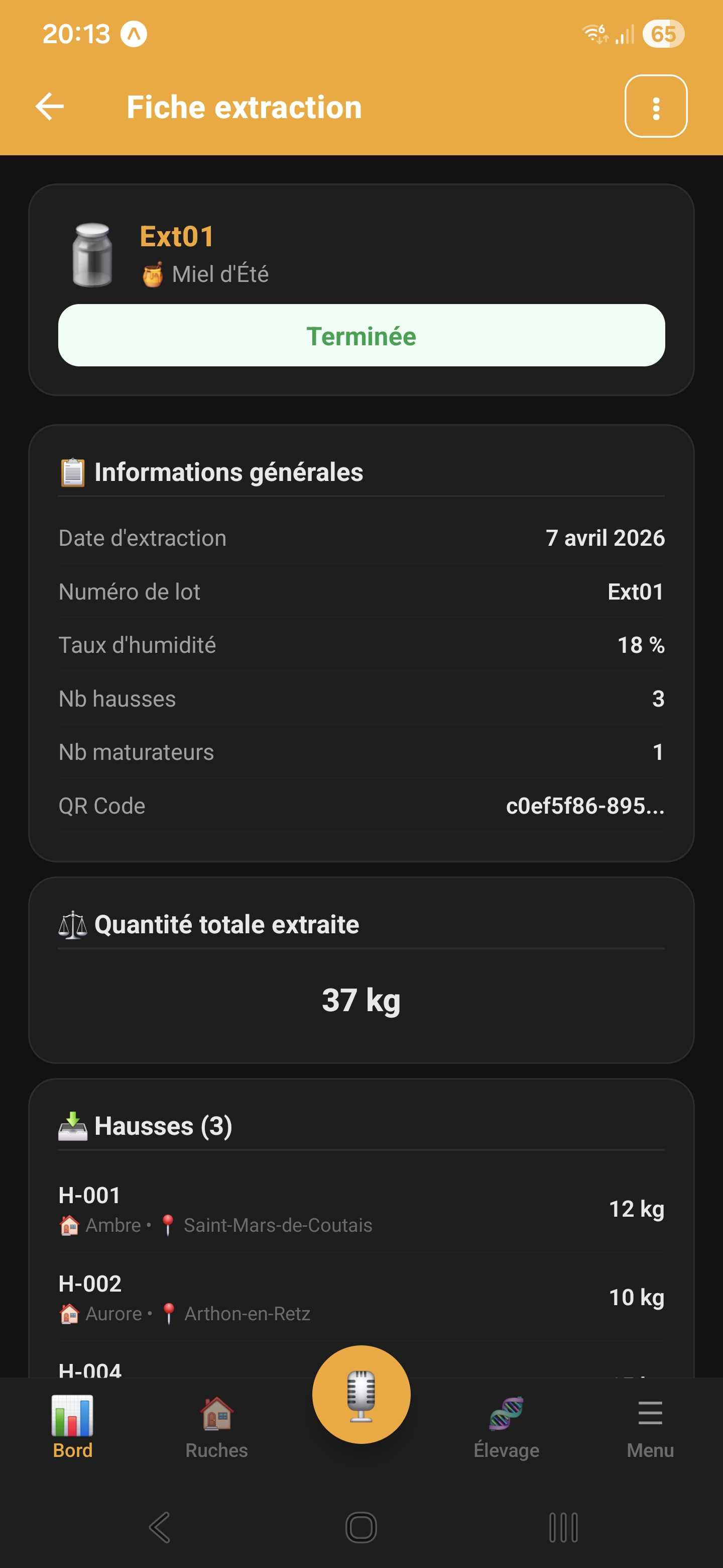 Fiche extraction en mode sombre