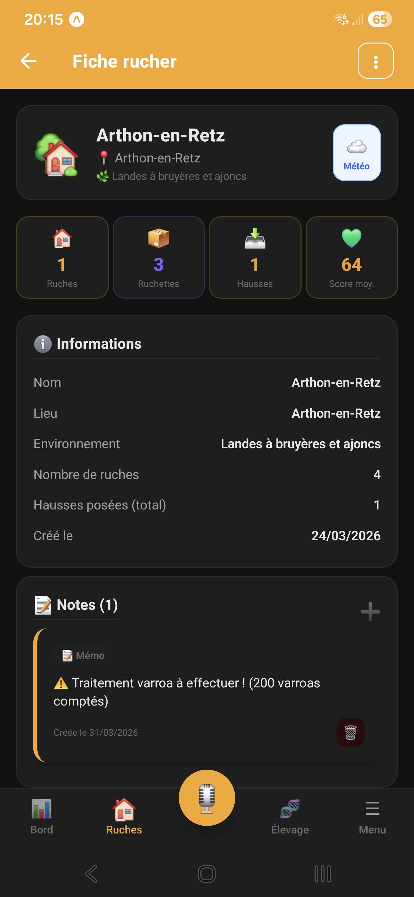 Fiche rucher en mode sombre